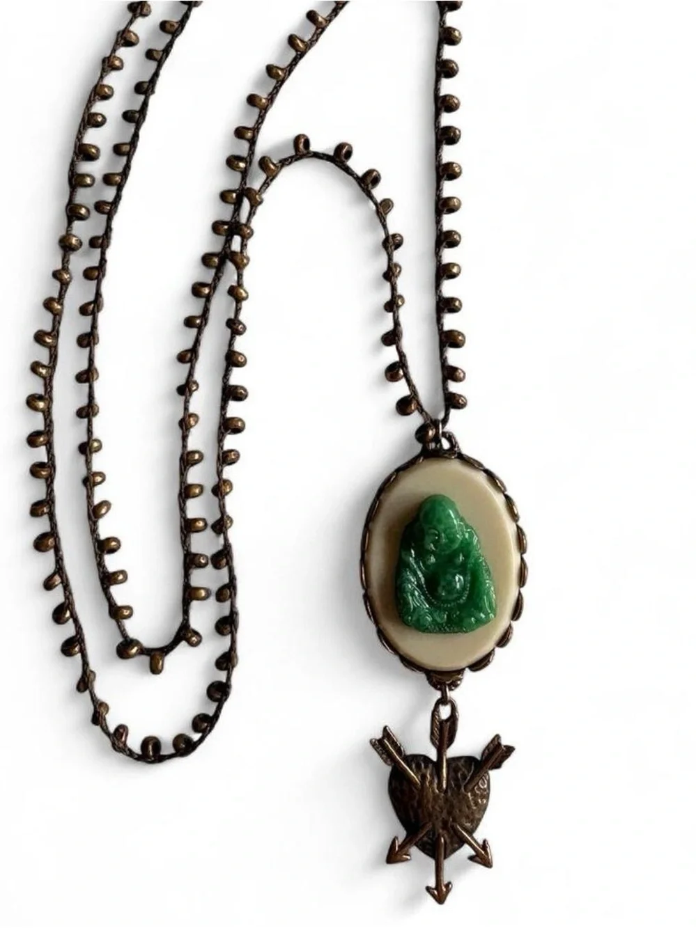 Signed Love Heals Jade Green Buddha Bronze Sacred Heart Bohemian Necklace 🌳